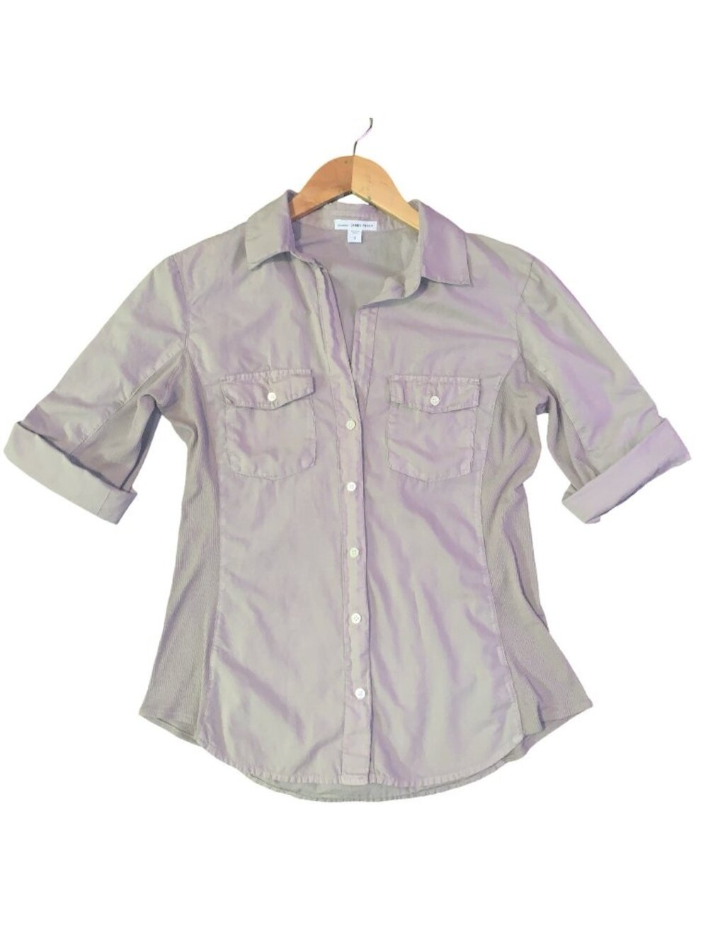 James Perse Button Down Shirt Women 3 Taupe Brown Utility Ribbed Panel WLC3321CU